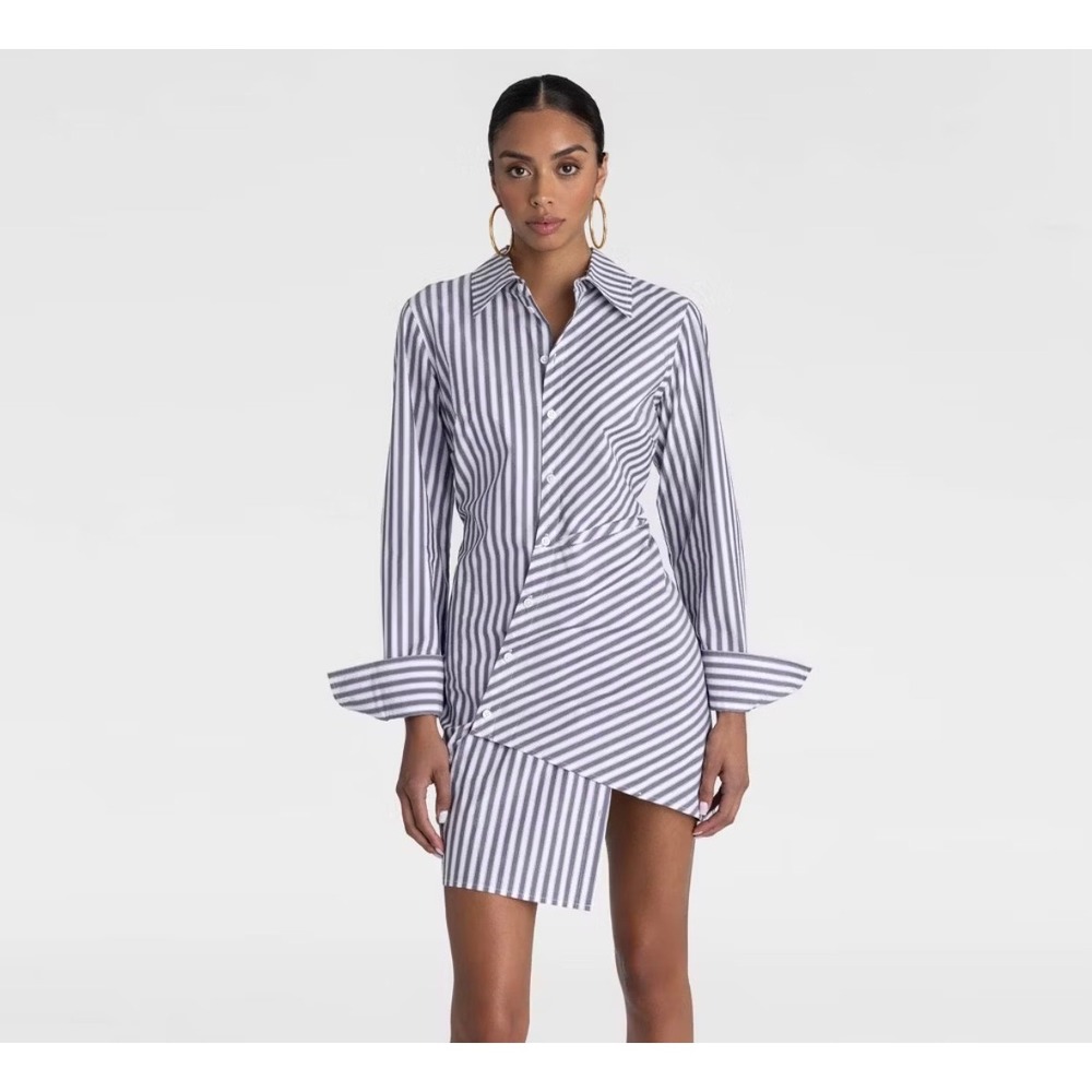 KBB by Kahlana Gray White Striped Asymmetrical Deconstructed Shirt Dress Small